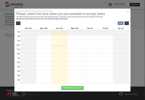 User view for the round robin with availability calendar model, setting availability.
